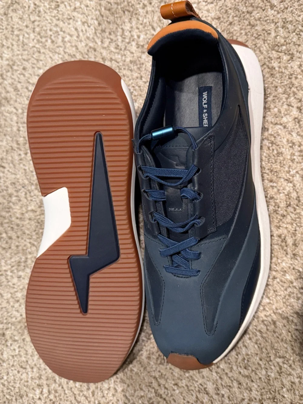 Men's Navy Blue Wolf & Shepherd Dress Shoes, Size 10.5, like new, stretchy laces